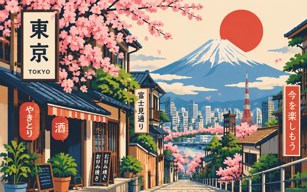 Illustration of a Tokyo street with cherry blossoms and Mount Fuji in the distance